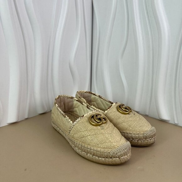 Gucci Beige Raffia Espadrilles With Gold GG Logo Womens 35.5 Made In Spain - Picture 2 of 9